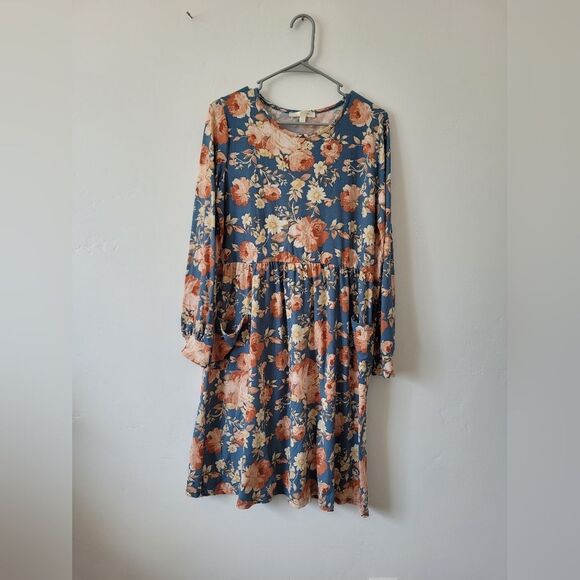 Mimi+Daphne Floral Midi Dress Blue Classic Modest Teacher Pockets Lightweight L - Picture 8 of 10